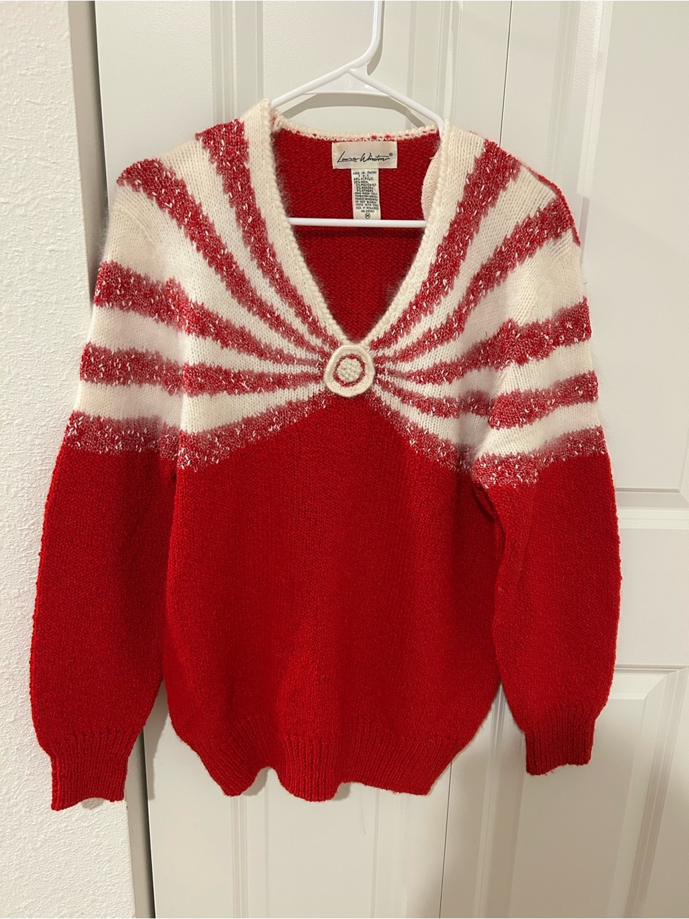 Vintage Laura Winston Red Cream Metallic Sunburst Knit Sweater M 80s 90s